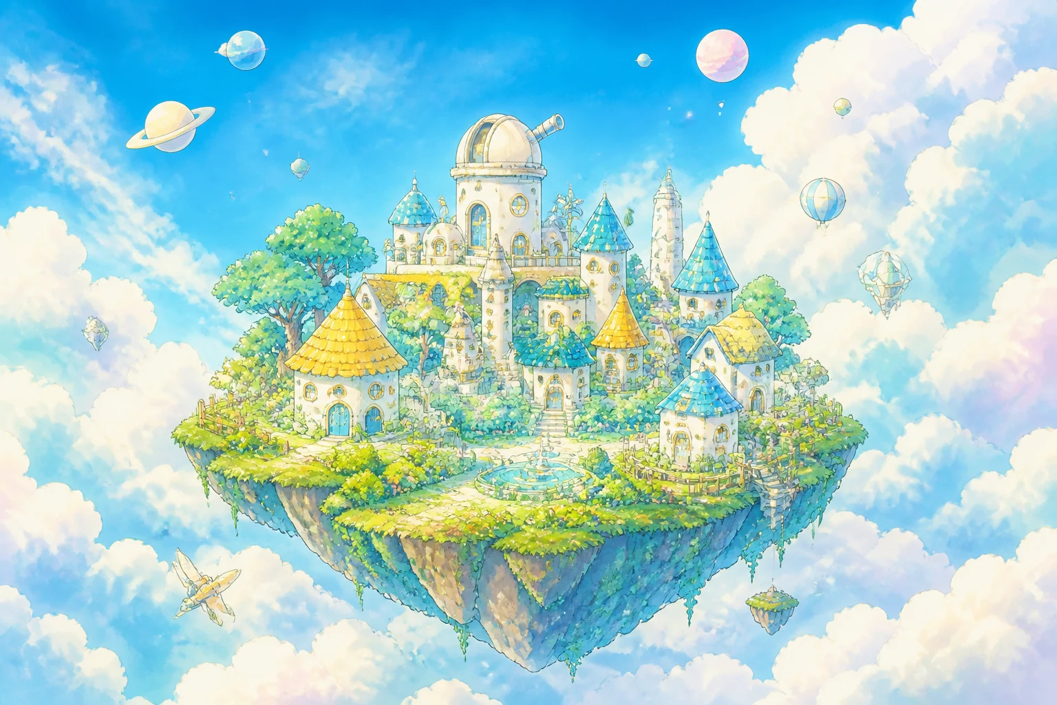 蓝天白云间的原创空中小城插画