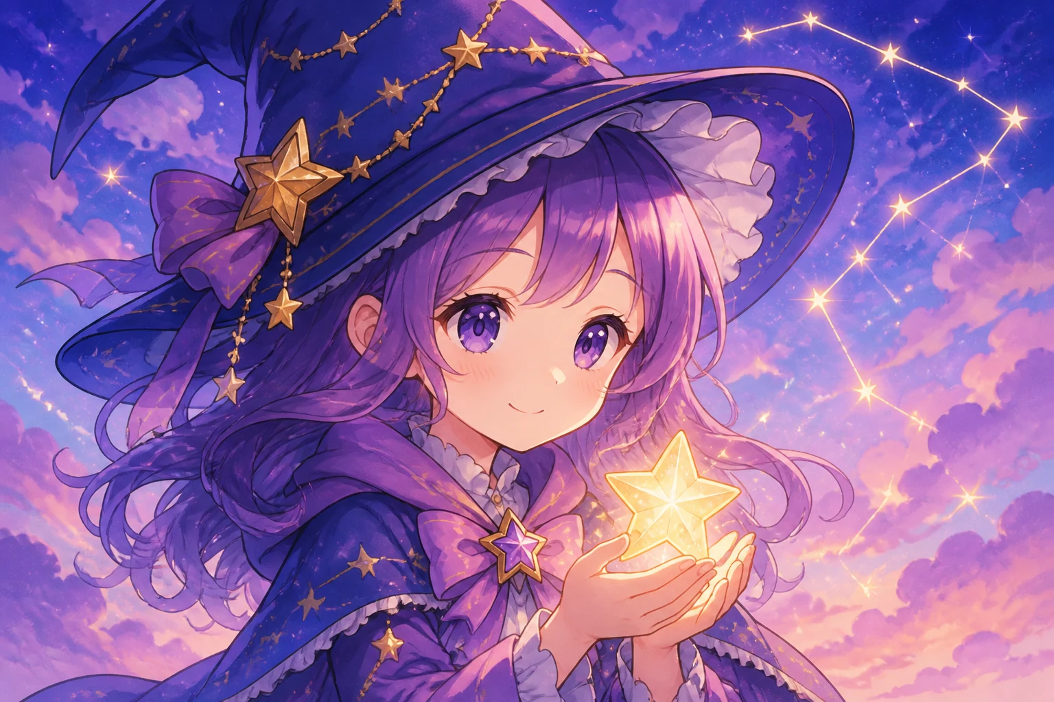紫发小魔法师双手托着一颗发光的星星
