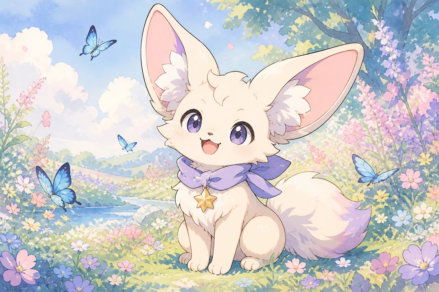 花草间戴着蓝色围巾的原创白色萌宠